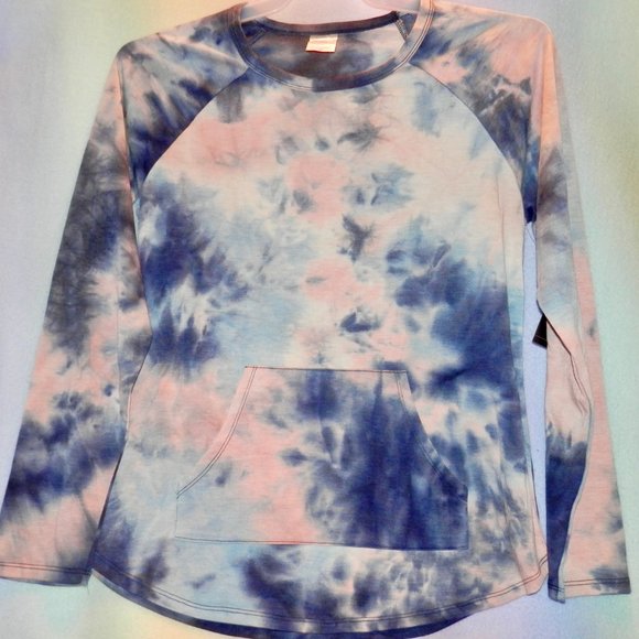 NO BOUNDARIES TYE DYE TEE * LONG SLEEVE * BLUE AND PINK * FRONT POCKET * NEW  * - Picture 1 of 3